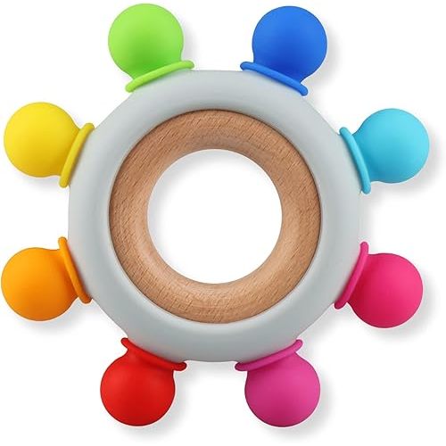 Baby Teething Toys, Silicone Chewable Teethers with Wooden Ring for Soothing Babies Gums, Rudder Chewers Shower Gift for lnfants & Toddlers, 3+ Months (8 Directions, Rainbow)