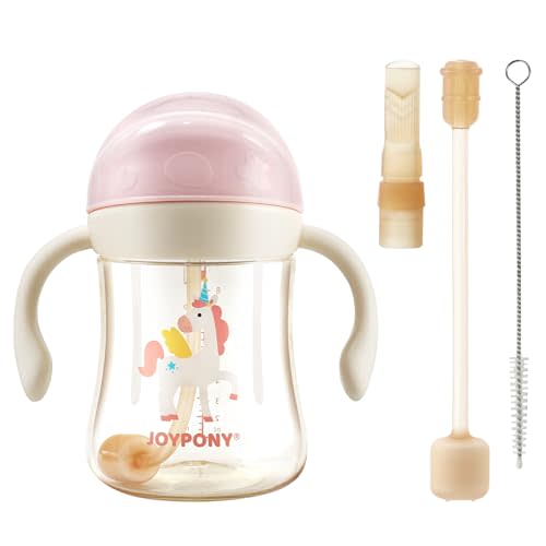 Joypony Sippy Cups for Toddlers 1-3, Spill Proof Weighted Straw Cup with Handle for Baby 6 Months + old, 2 Silicone Straws, PPSU, BPA Free, 9 oz (Pink)