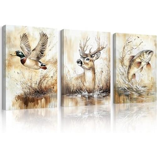 Vintage Animal Wall Art Baby Boy Room Canvas Wall Decor Farmhouse Animal Posters Kids Nursery Hunting Art Prints Rustic Deer Fish Pictures Mallard Duck Painting for Bedroom 12x16x3 Inch Ready to Hang