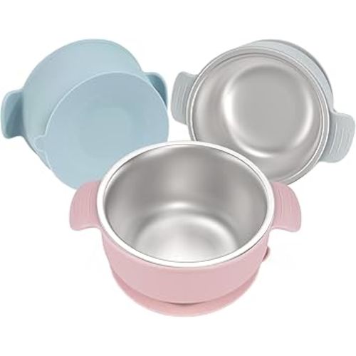 Bella's Friends Stainless Steel and Silicone Baby Bowls with Suction 3 Pack, 4.3” for Toddlers Kids Feeding, Non-Slip, Non-Toxic, Mess-Free, Dishwasher Safe, Fit High Chair Size, light pink blue gray