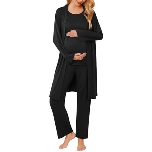 Ekouaer Maternity Nursing Robe Set 3 Pieces Sleeveless Top, Pregnancy Pants & Robe Double Layer Pajamas S-XXL