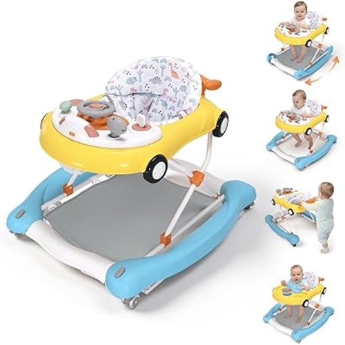 Baby Walker, 5-in-1 Baby Walker for Boys and Girls with Bouncer, Removable Footrest, Music, Foldable & Adjustable Speed Wheels Activity Walker for 6-18 Months Toddler Infant(Yellow Blue)