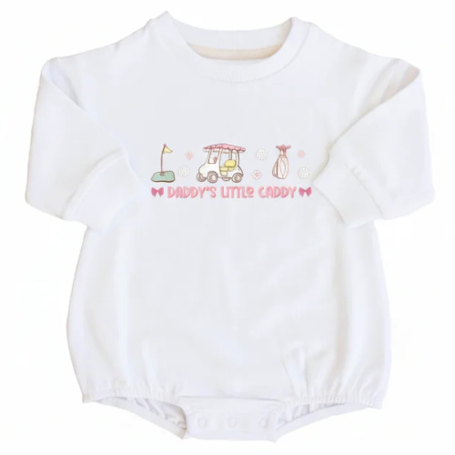 Daddy's Little Caddy Graphic Sweatshirt Bubble Romper | White
