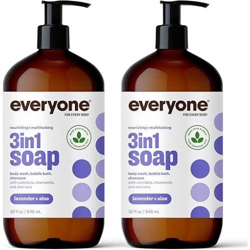 Everyone 3-in-1 Soap, Body Wash, Bubble Bath, Shampoo, 32 Ounce (Pack of 2), Lavender and Aloe, made with Essential Oils for Men and Women