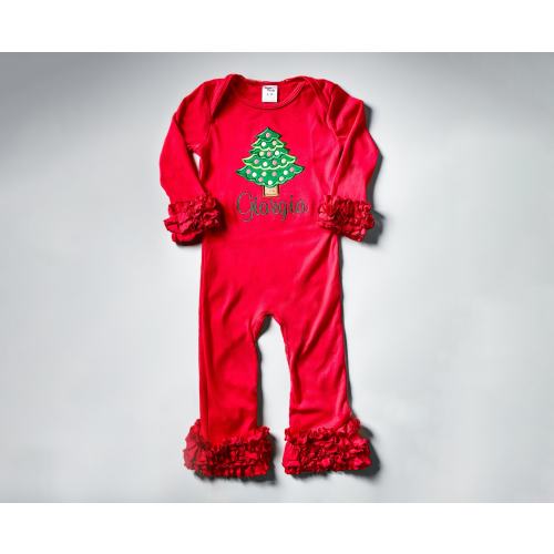 Toddler Baby Girl Monogrammed Christmas Bodysuit, Ruffle Cuff, Cute Christmas Tree Design, Customized Outfit 9m