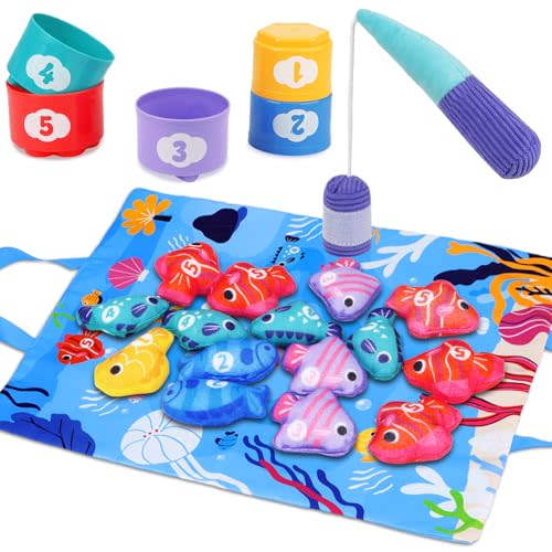 Arovan Montessori Toys for 1 Year Old - Cloth Fishing Game with Stacking Cups Toddler Toys for One Year Old Boy Girl First Birthday Gift - Sorting Learning Baby Toy 12-18 Months 1 2 Year Old
