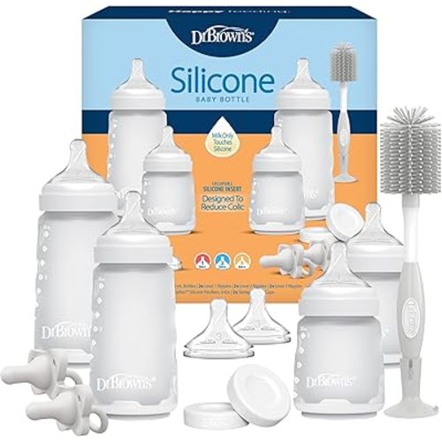 Dr. Brown's Silicone Baby Bottle Gift Set with HappyPaci One-Piece Pacifiers, Soft Touch Bottle Brush, and Travel Caps, BPA-Free, 0m+