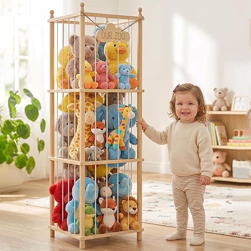 MIRCNY Stuffed Animal Storage Zoo - 54 Inch Large Wooden Toy Organizer | Anti-Tip Design Plushie Storage Rack for Nursery & Playroom | Easy Assembly