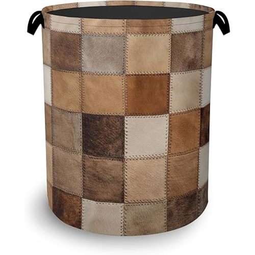 Vintage Cowhide Laundry Basket,Oxford Cloth Laundry Hamper with Handle Foldable Portable Clothes Storage Basket for Bathroom Bedroom Dorm Room 16" x 20.8"