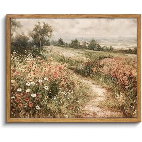 OIQArtOIQ Framed Canvas Wall Art,Vintage Decor,Landscape Nature Country Wildflower Paintings Farmhouse Pictures Modern Artwork Rustic Fall Flower Prints Cottagecore Office Living Room Bedroom Bathroom