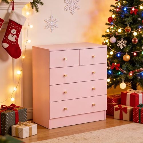 Karl home Pink 5 Drawer Dresser for Bedroom, Modern Wood Dresser Chest of Drawers, Pink Bedroom Dressers for Girls, Anti-Tipping Device, Rose Gold Metal Handle, Living Room, Entryway, Hallway, Office