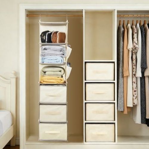 3-Tier Hanging Closet Organizer with Drawers, Foldable Non-Woven Storage Shelves for Bedroom, Beige, 11.8x11.8x47.2"