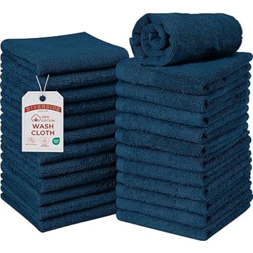 RIVERSIDE Pack of 24 Wash Cloths for Showering, 12 x 12 Inches, Super Soft & Absorbent, 100% Cotton Washcloths Premium Quality Flannel Face Cloths for Bathroom, Gym, Spa (Blue Opal, 24 Pack)