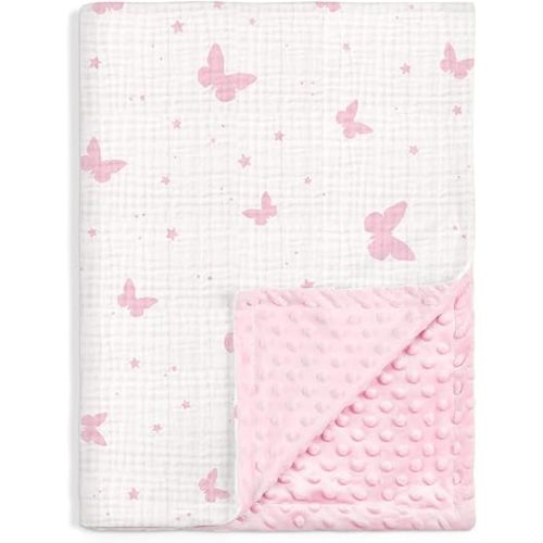 Butterfly Baby Blankets for Girls, Soft Nursery Minky Blankets with Muslin and Dotted Fleece Back 30x40 inches, Receiving Bed Quilt for Newborn, Infants, Toddlers
