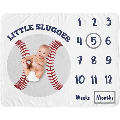 Sweet Jojo Designs Baseball Boy Milestone Blanket Monthly Newborn First Year Growth Mat Baby Shower Memory Keepsake Gift Picture - Red White and Blue Americana Sports Little Slugger