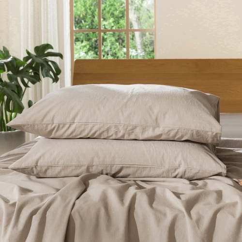 MooMee Pillowcases 100% Washed Cotton Linen Like Textured Envelope Closure Set of 2 (Tannish Linen Grey, Standard)