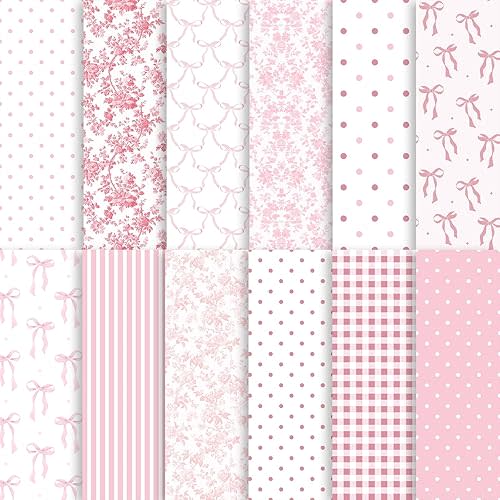 24 Sheets Preppy Pink Bow Scrapbook Paper, Coquette Bow Ribbon and Floral Decorative Craft Paper Folded Flat for Birthday Wedding Baby Shower Card Making Photo Album Decor, 12'' x 12''