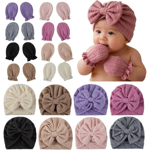 8 Sets Newborn Baby Hats & Mittens Cotton Preemie Infant Bow Beanies Caps Gloves Hospital New Born Boy Girl 0-3 Month
