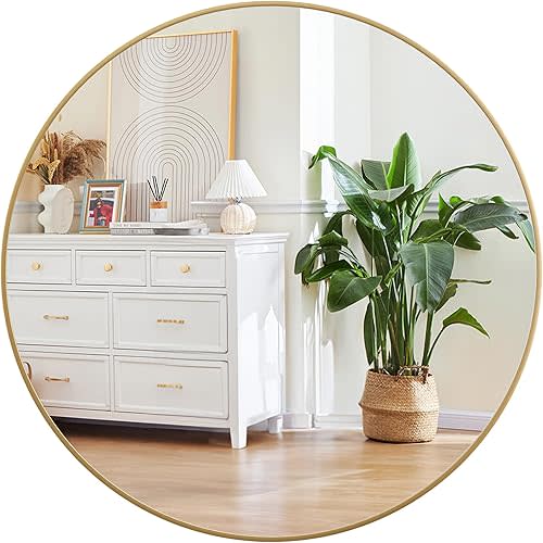 Gold Circle Mirror for Bathroom, 24 inch Circle Mirror, HD Eco-Friendly Round Bathroom Mirror for Over Sink, Matte Gold Metal Framed Wall Mirror for Wall, Vanity, Living Room, Easy to Install