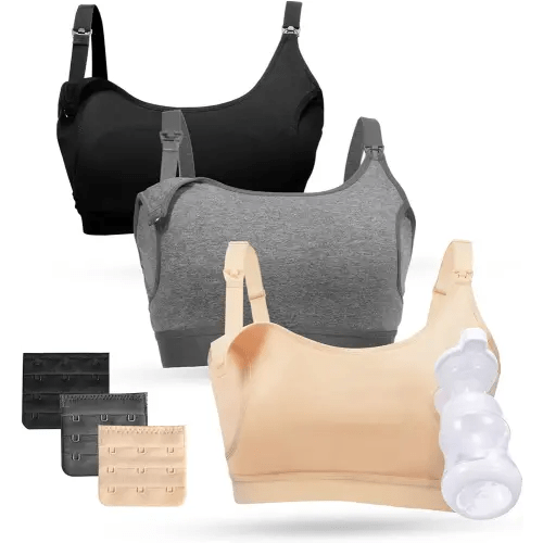 Momcozy Pumping Bra Hands Free, Pumping and Nursing Bra in One Holding Breast Pump for Spectra, Lansinoh, Medela, Black,Grey,skin-3pk, Small