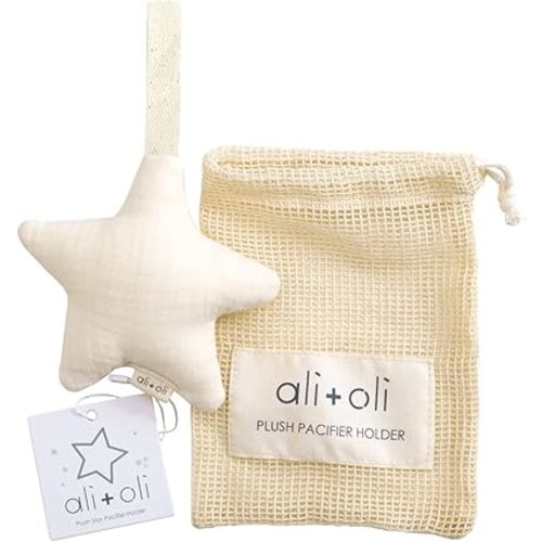 Ali+Oli Plush Muslin Cotton Pacifier Holder (Star-Ivory) Soft Binky Holder for Babies, Plush Holder for Pacifiers, Cute Baby Binkies Plush Holder, Pacifier Holder for Baby Boys & Girls
