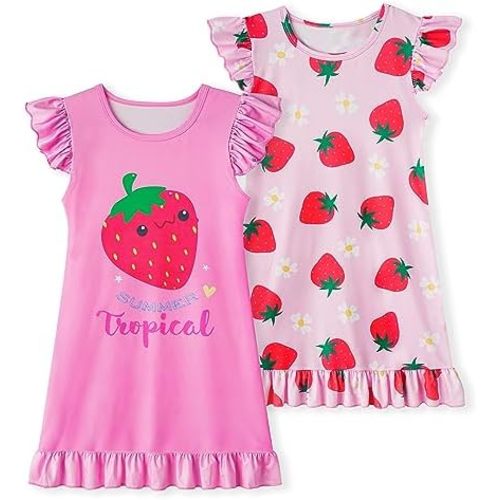 LQSZ 2Pcs Girls Nightgowns 3-10 Years Flutter Short Sleeves Nightdress Nightie Dress Sleepwear Pajamas for Little Girls