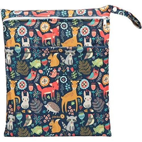 Wet Bag Baby Cloth Diaper Nappy Insert Reusable Washable with Two Zipper Pockets (Forest Animal Fox Owl)
