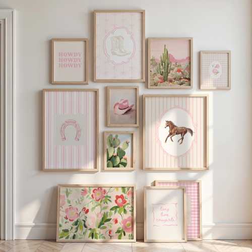 Western Print Set, Pink Rodeo Cowgirl Girls Room Decor, Girly Print Set of 11, Cottagecore Aesthetic Nursery, Gingham Art, Digital Prints