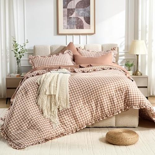 7 Pieces Gingham Ruffle Comforter Set Queen Size, Brown Grid Tartan Bedding Set, Soft Breathable Fabric Comforter with Flat Sheet, Fitted Sheet, 2 Pillowcases & 2 Shams, 88"X88"