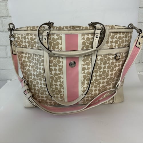Coach Chelsea Heritage Stripe Diaper Multi-Use Bag Pink Beige Large