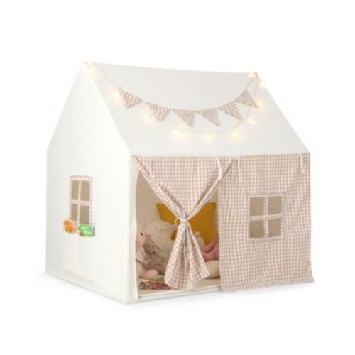 Kids Play Tent Large Playhouse with Padded Mat and 2 Breathable Windows-Beige
