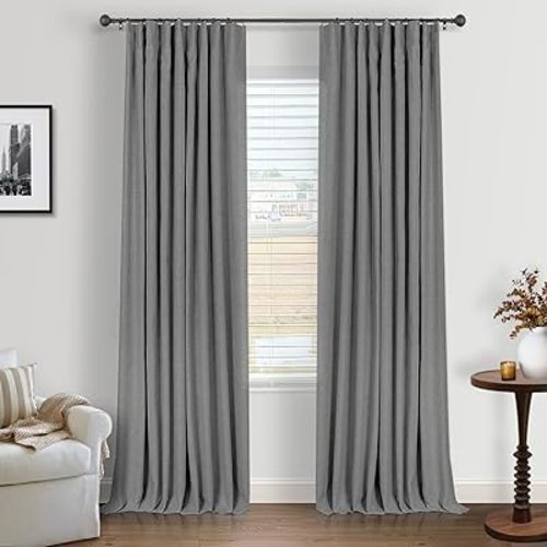 INOVADAY 100% Blackout Curtains for Bedroom, Black Out Curtains 84 Inch Long, Clip Rings Linen Blackout Drapes, Thermal Insulated Room Darkening for Living Room, 2 Panels - Stoic Gray,W50xL84