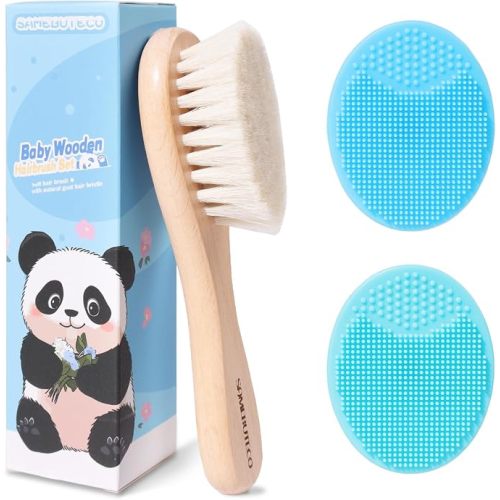 Baby Hair Brush Set,3 in1 Kit,1 Pack Goat Hair Bristles Brush 2 Pieces Silicone Cradle Cap Brushes Wood Handle Newborn Brush for Newborns and Toddlers