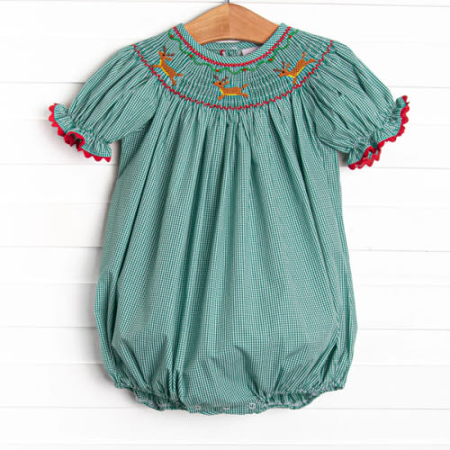 Rudolph's Runway Smocked Bubble, Green – Stitchy Fish