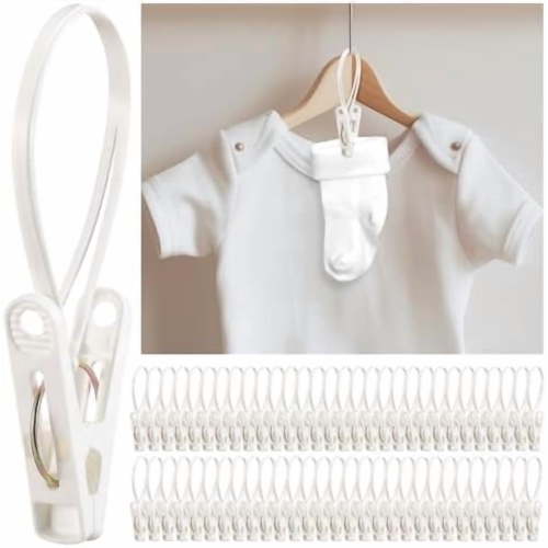 60 Pack Multi-Purpose Laundry Hooks Hanging Clips Bulk with Plastic Rope Hanger Clips for Baby Clothes Closet Organizer for Pants Hat Sock Boot Bra Towel Bathroom Wardrobe Kitchen, White