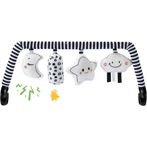 Baby Bouncer Toy Bar Soft with 4 Hanging Sensory Toys Attachment, Compatible with Baby Bjorn Bouncer, with Mirror, Rattle, Crinkle Sound for Babies All Ages (Black and White Shapes)