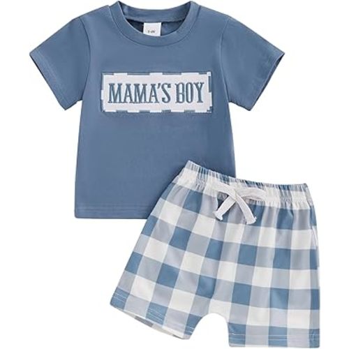 MERSARIPHY Infant Baby Boy Summer Clothes Mama's Boy Little Dude Short Sleeve T Shirt Plaid Shorts Set Toddler Boy Outfit