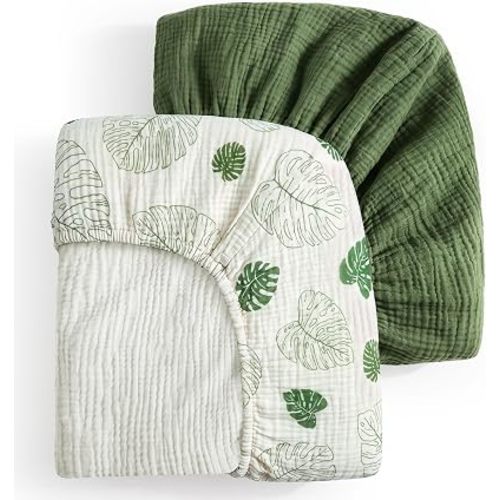 Blissful Diary Muslin Crib Sheets, 2 Pack, Monstera & Dark Green
