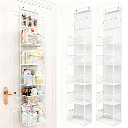 2 Pack 6-Shelf Over The Door Pantry Organizer with Clear Plastic Pockets, Versatile Hanging Storage Solution with 3 Small PVC Pockets for Home, Kids' Toys, Shoes, and Diapers, White