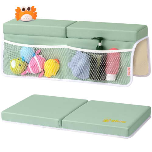 ACGROW Bath Kneeler and Elbow Rest Pad Set - 1.5" Thick Baby Bath Kneeler Pads with Toys Organizer, Anti-Slip Cozy Knee & Arm Support Bathtub Mat, Quick Dry Kneeling Pad for Baby Bath Time Green