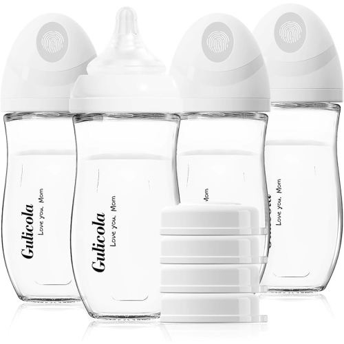 Gulicola Natural Glass Baby Bottle 8 oz for Breastfed Babies, Anti-Colic Baby Bottle Set with Medium Flow Nipple, 3 Months +, 4 Pack - White