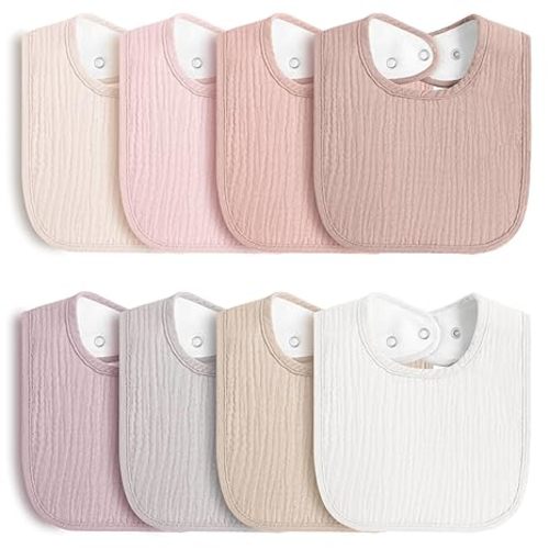 8-Pack Baby Muslin Bibs, Soft Cotton Drool Bibs for Boys Girls, Adjustable and Absorbent Newborn Bib Set for Feeding and Drooling