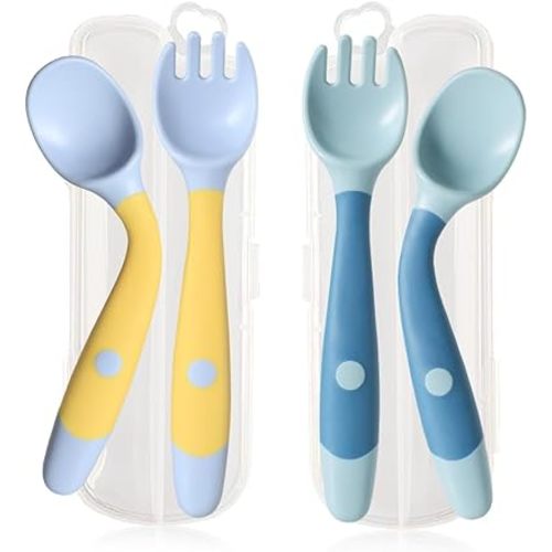 Baby Utensils Spoons and Forks Set Bendable Self-Feeding Silverware for Toddler Children with Travel Case Gum Friendly Food Grade (Yellow+Green, 2 Set)