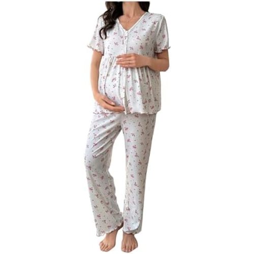 OYOANGLE Women's Maternity Floral Pajama Set Button Down Sleepwear Short Sleeve Shirt and Pants Pjs Sleepwear
