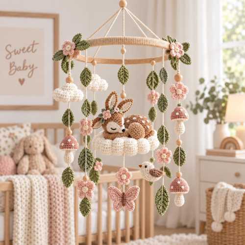 Woodland Crochet Deer Baby Mobile, Sleeping Fawn Moon Crib Mobile, Baby Crib Nursery Decor, Neutral Baby Shower Gift,