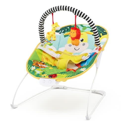 BABY JOY Baby Bouncer, Portable Baby Bouncer Seat with Vibration & Music, Removable Bar & Fabric Cover, 3-Point Safety Harness, Infant Bouncer for Babies 0-6 Months Up to 20 lbs