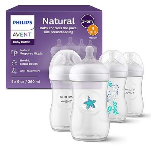 Philips Avent Natural Baby Bottles with Natural Response Nipples (Medium Flow, Flow 3), 9oz, Pink, 4-Pack, SCY903/14