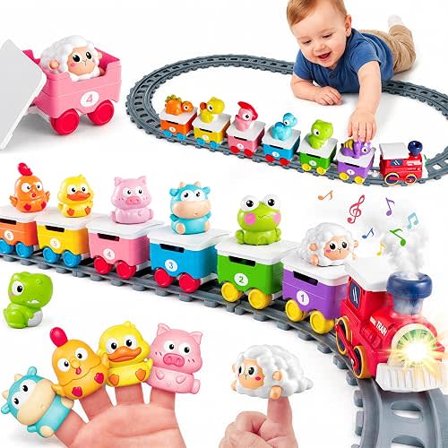iPlay, iLearn Farm Train Toy Set for Toddlers 1-3, Kids Steam Musical Train | 12pcs Dinosaur Animal Finger Puppets, Matching Sorting Montessori Learning Birthday Gift for 18 Months Ages 2-4 Boys Girls