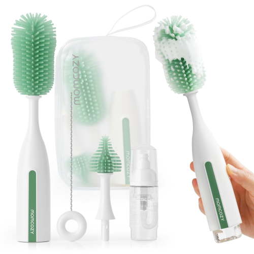 Momcozy Bottle Brush Kit Pro, Innovative Push-Press Design for Deep Cleaning,Bottle Cleaner Brush for Bottle/Breast Pumps/Nipple - Clog-Free Brush & Foam-Generating Design for Better Cleaning, Green