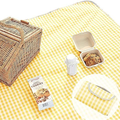 Cute Gingham Picnic Blanket, Waterproof Foldable, in Large 80x60in and Extra Large 80x80in, Portable Compact Beach Blanket, Oversized XL Outdoor Mat (Yellow, Large)